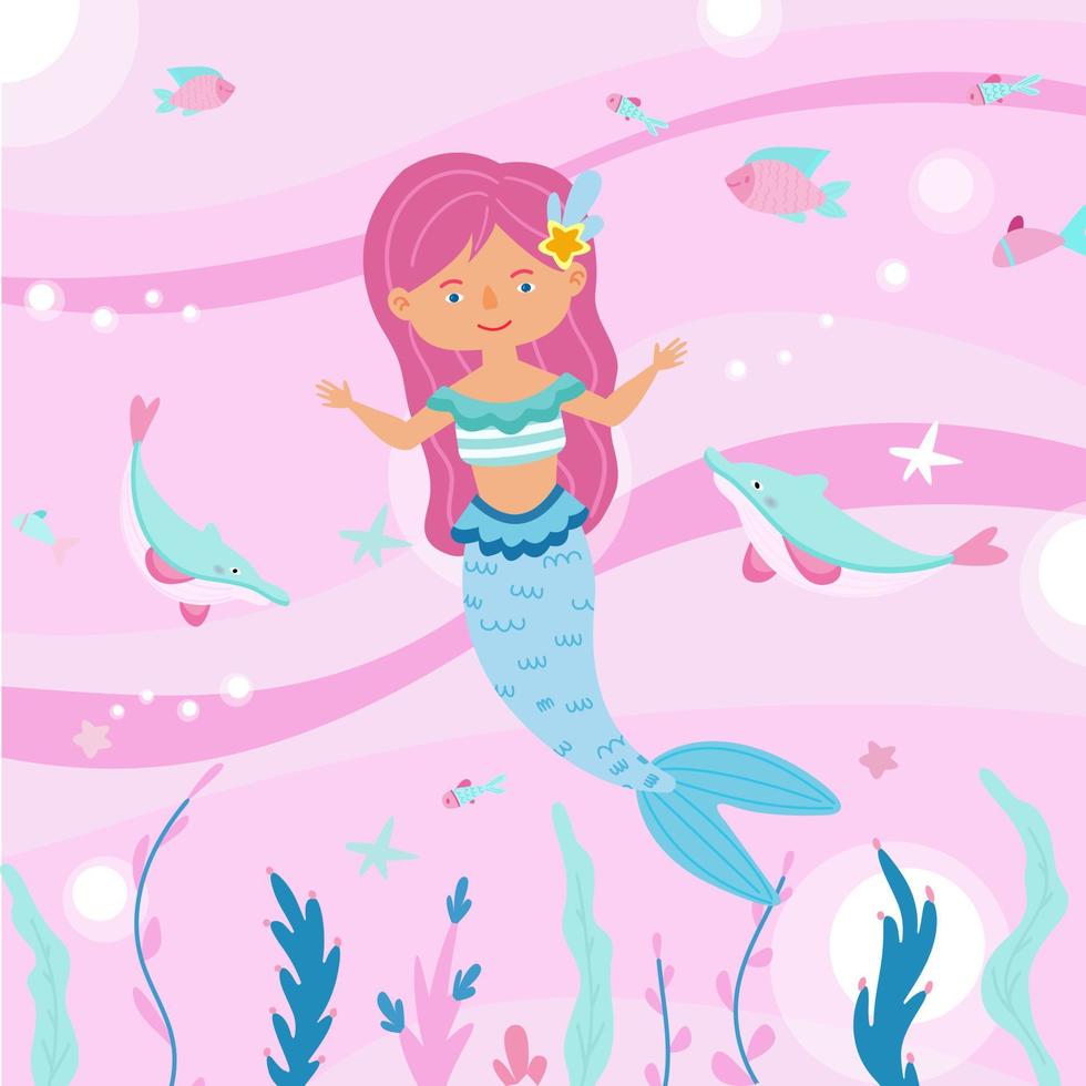 pequeño personaje de sirena de cabello rosado con animales marinos submarinos, peces y delfines. ilustración vectorial vector