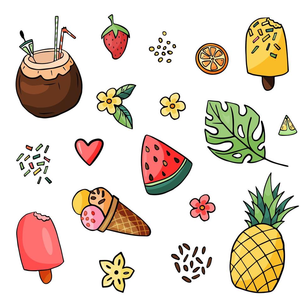 conjunto de objetos de verano .piña, rebanada de sandía, helado, hojas de palma, flores, corazones. Ilustración de vector de garabato colorido