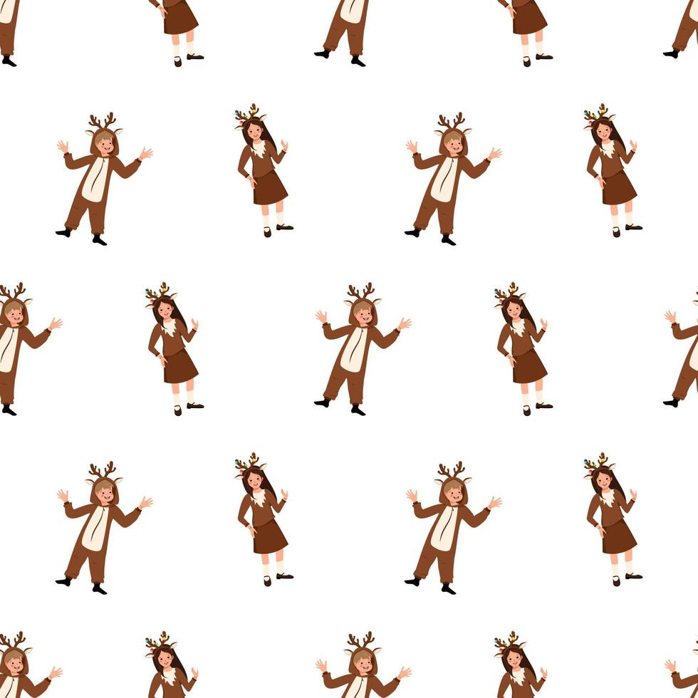 Seamless pattern with girl and boy in carnival costume of deer. Festive print for party, New Year and Christmas. Child dancing with happy face and smile emotions vector