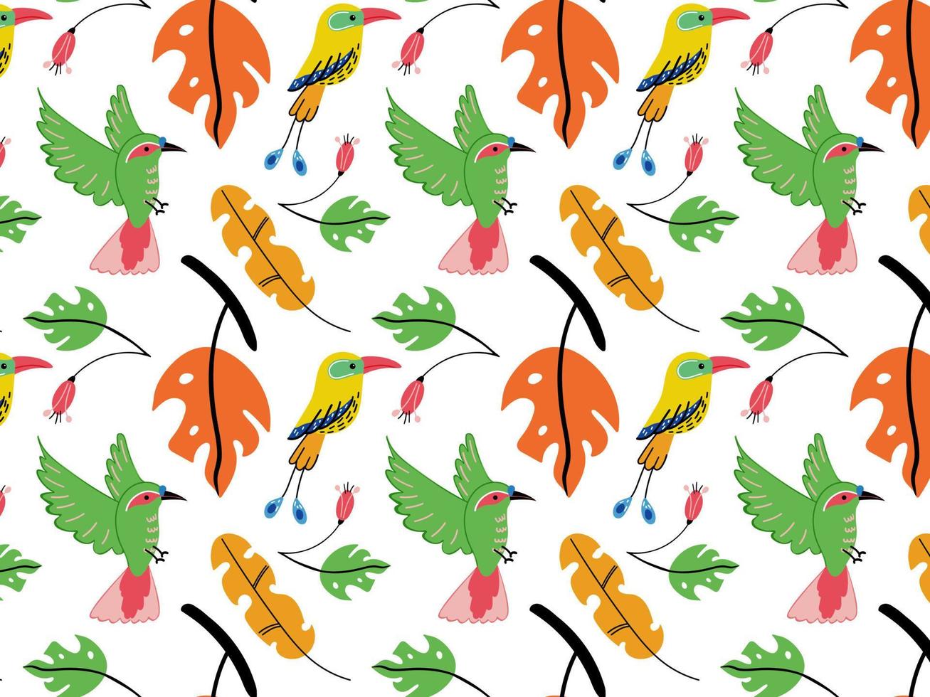 Vector pattern with exotic birds and tropical leaves