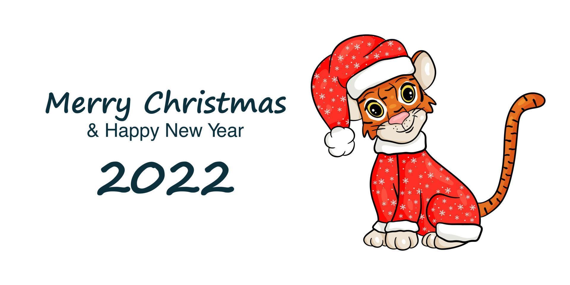 New Year's banner with the image of tiger in red Santa Claus hat. Symbol of the year according to the Chinese calendar. Merry Christmas and Happy New Year. Vector illustration cartoon style