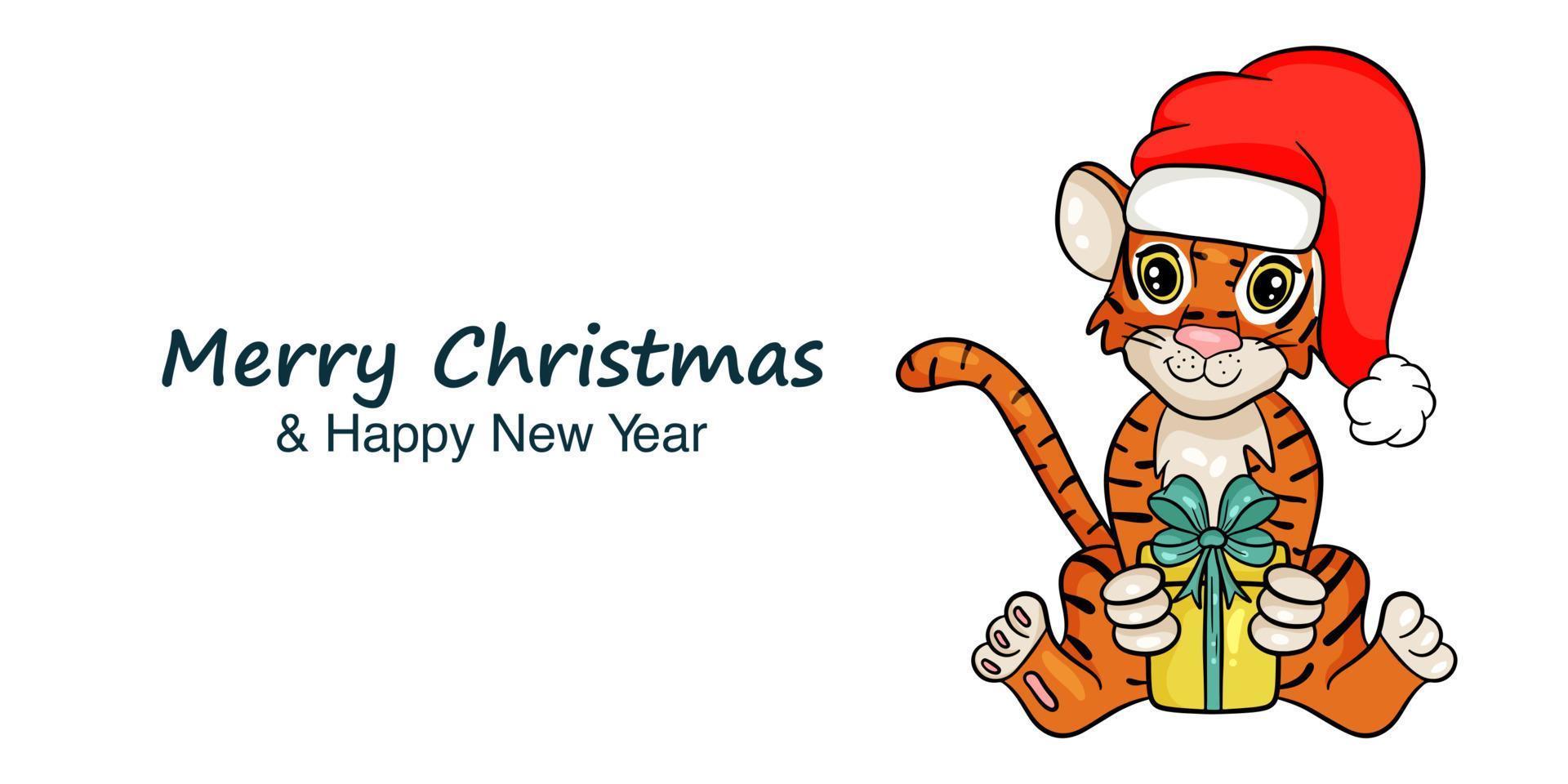 banner de año nuevo con la imagen del tigre con sombrero rojo de santa claus. símbolo del año según el calendario chino. Feliz navidad y próspero año nuevo. estilo de dibujos animados de ilustración vectorial vector