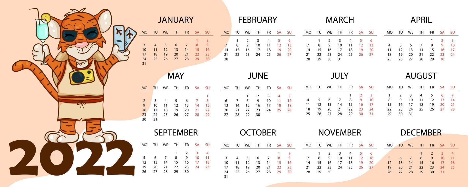 Calendar design template for 2022, the year of the tiger according to the Chinese or Eastern calendar, with an illustration of the tiger. Horizontal table with calendar for 2022. Vector