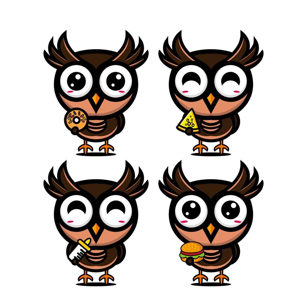 Collection owl sets holding food. Vector illustration flat style cartoon character mascot. Isolated on white background. Cute character owl mascot logo idea bundle concept