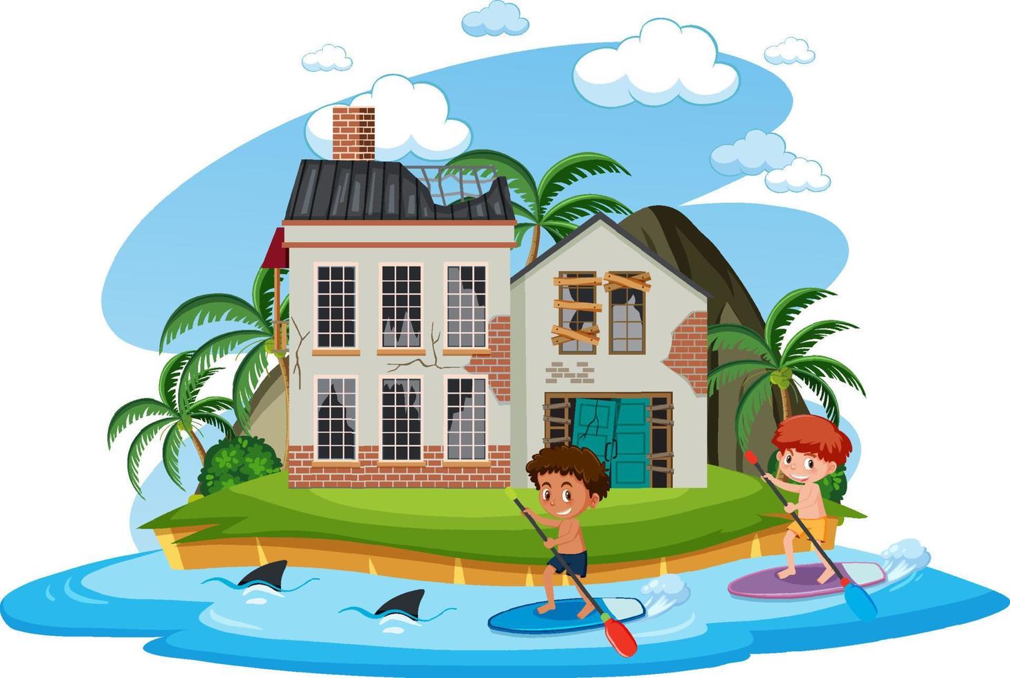 niños en paddle board frente a una casa abandonada vector