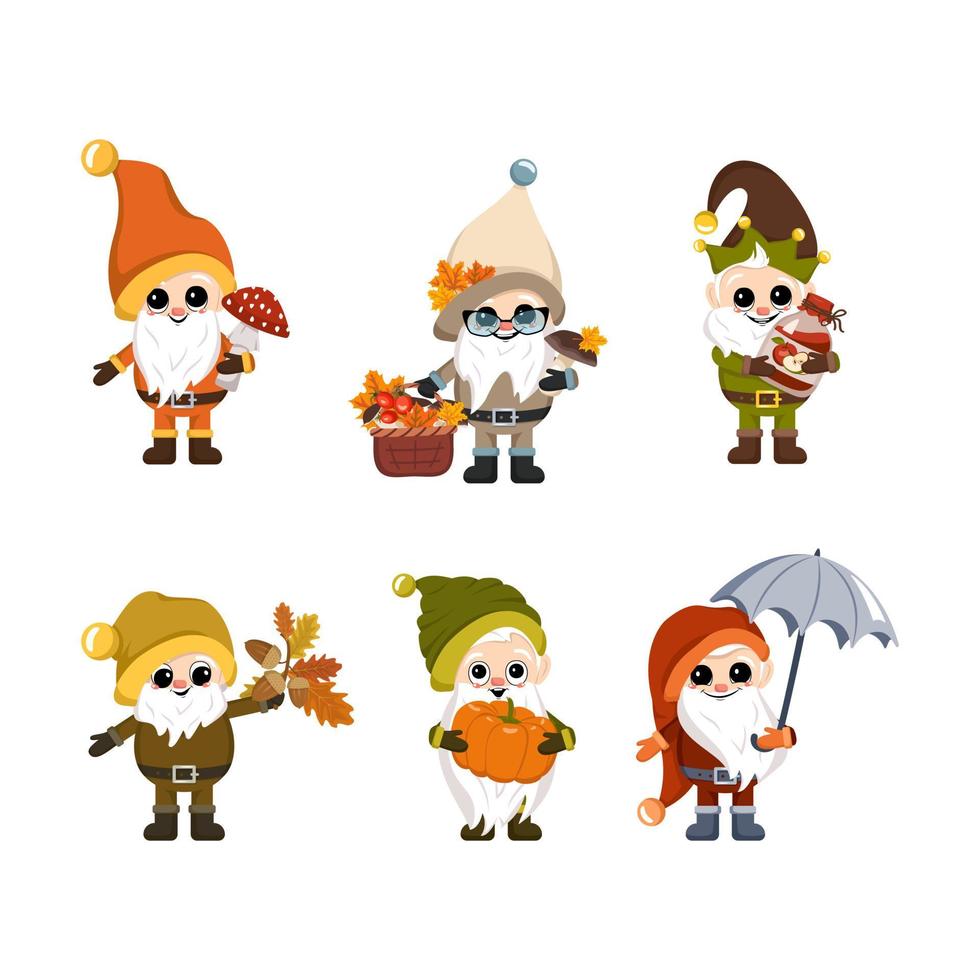 Set of little gnomes with long white beard, cheerful face with autumn items. Character for fall Harvest Festival, Thanksgiving, Home and garden decoration vector