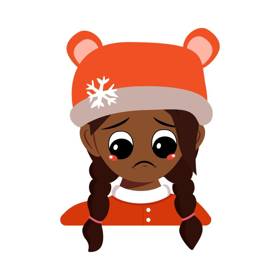 Girl of African American or Latin nationality with sad emotions, depressed face, down eyes in bear hat with snowflake. Cute baby melancholy expression in winter headdress. Head of adorable child vector