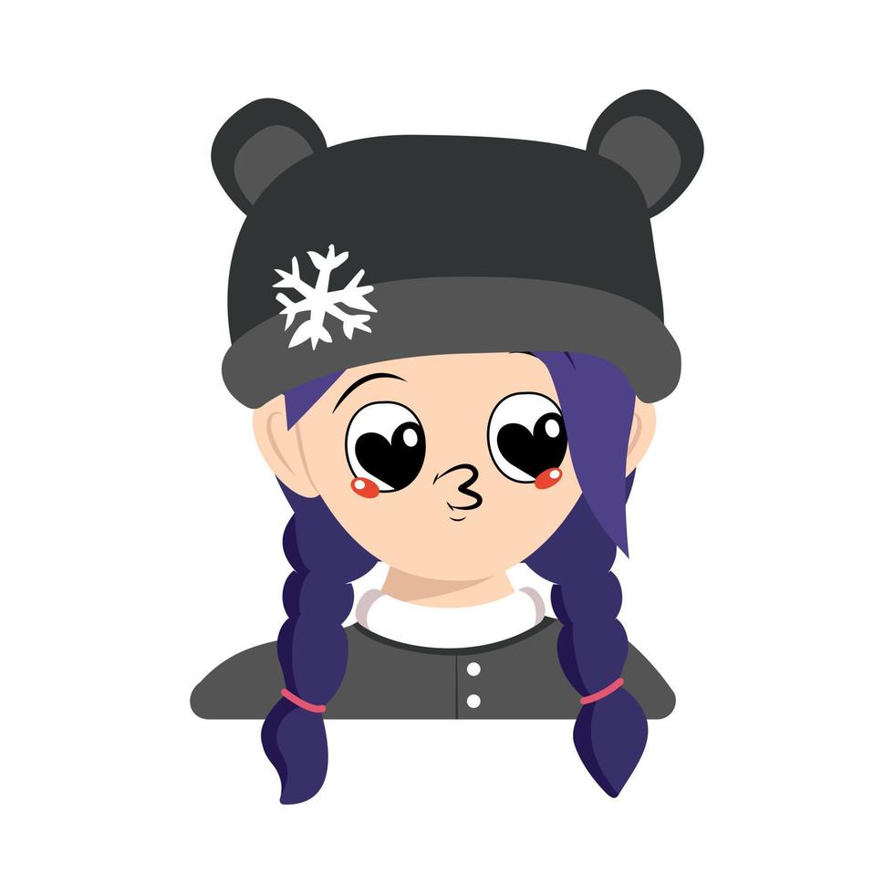 Girl with big heart eyes and kiss lips and blue hair in bear hat with snowflake. Cute child with happy face in winter headdress. Head of adorable kid with emotions vector