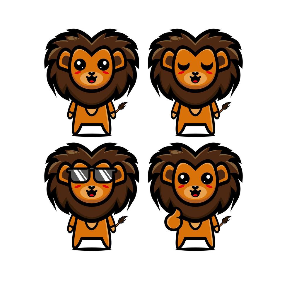 linda colección de juegos de leones. ilustración vectorial león mascota personaje estilo plano dibujos animados. aislado sobre fondo blanco. lindo personaje león mascota logo idea paquete concepto vector