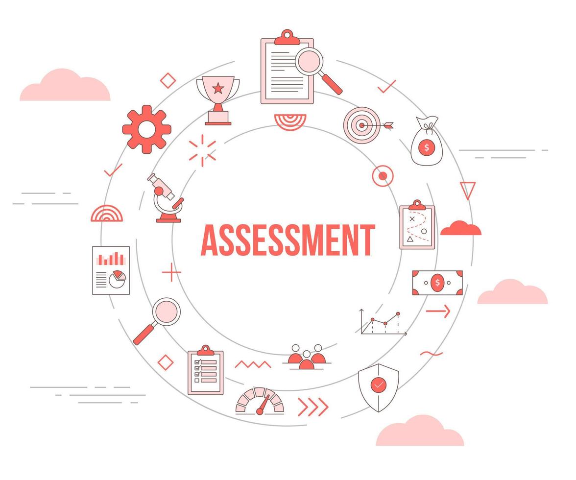 concepto de evaluación empresarial con banner de plantilla de conjunto de iconos y forma redonda circular vector