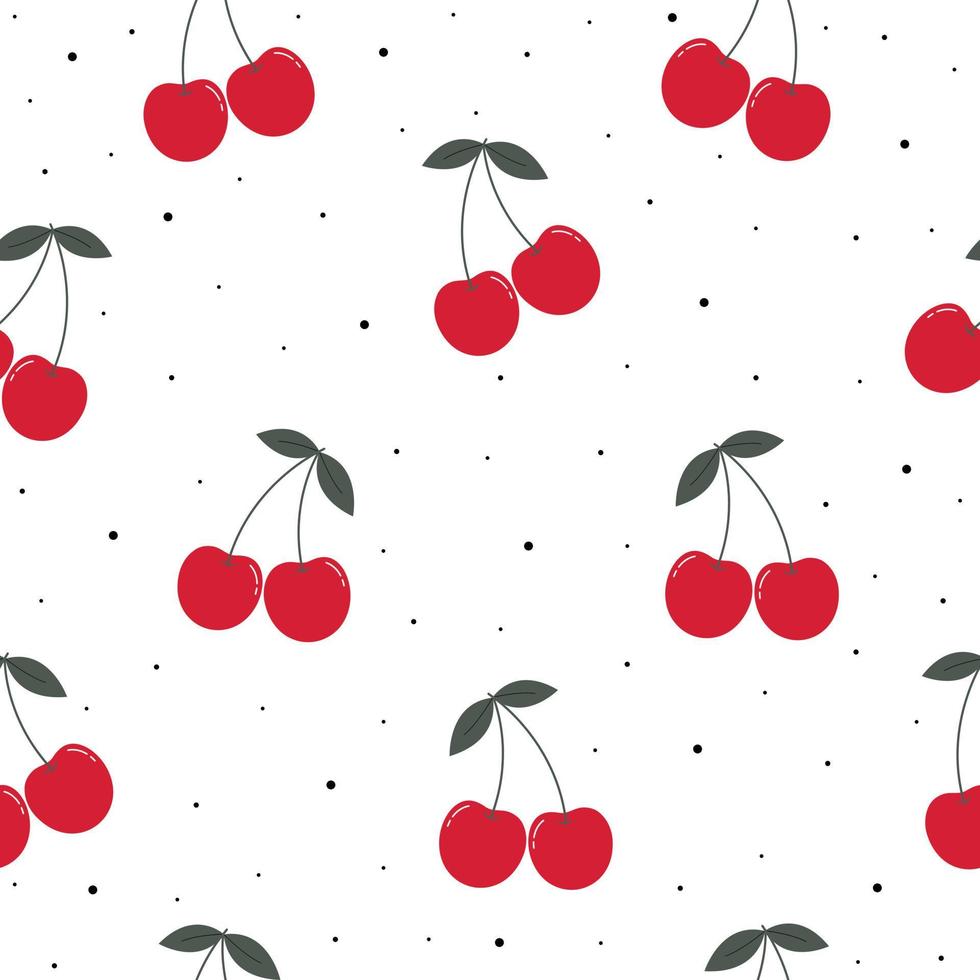 Red ripe cherry background Seamless pattern The pattern is randomly scattered and has small black spots. The design used for textile, fabric, publication, gift wrapping, vector illustration