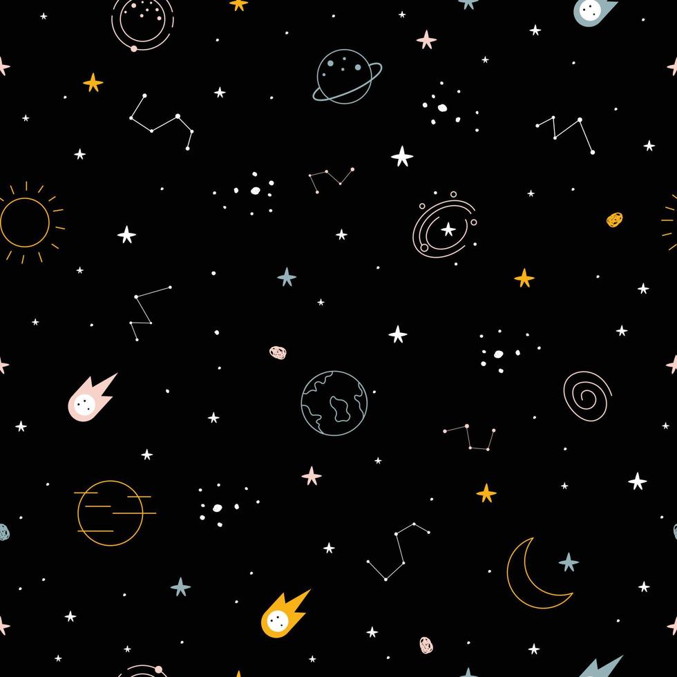 patrón impecable el cielo nocturno con estrellas y constelaciones conceptos de diseño dispersos utilizados para publicación, fondo, papel pintado, textil, ilustración vectorial vector