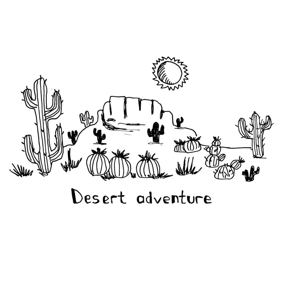 Vector illustration of a desert and cactuses. Drawing.