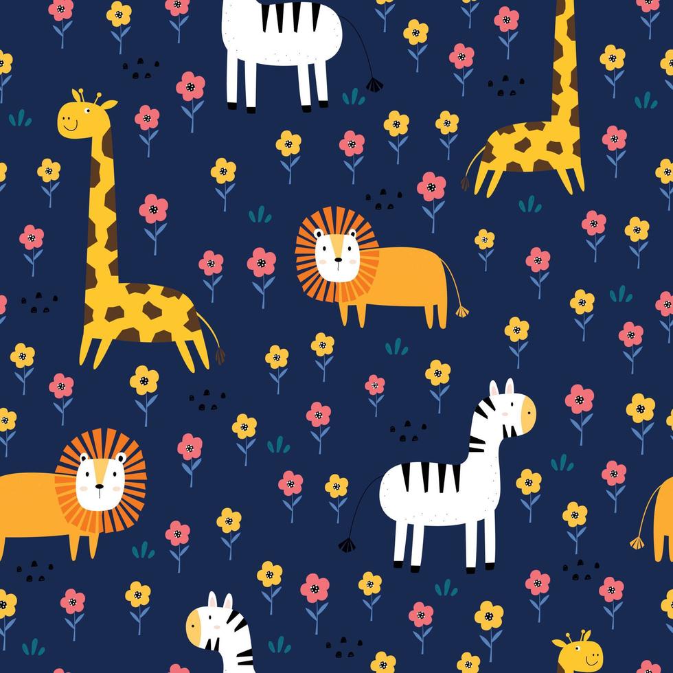 Seamless pattern Lion, giraffe, zebra Cute cartoon animal background on the flower field Design used for fabrics, textiles Vector illustration