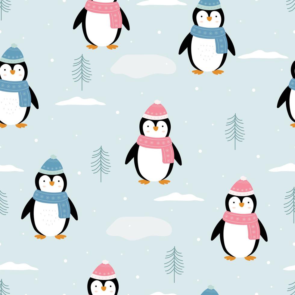 pingüino con fondo de nieve dibujos animados lindos animales dibujados a mano patrón vectorial sin costuras en estilo de dibujos animados utilizado para publicación, papel tapiz, tela, textil vector