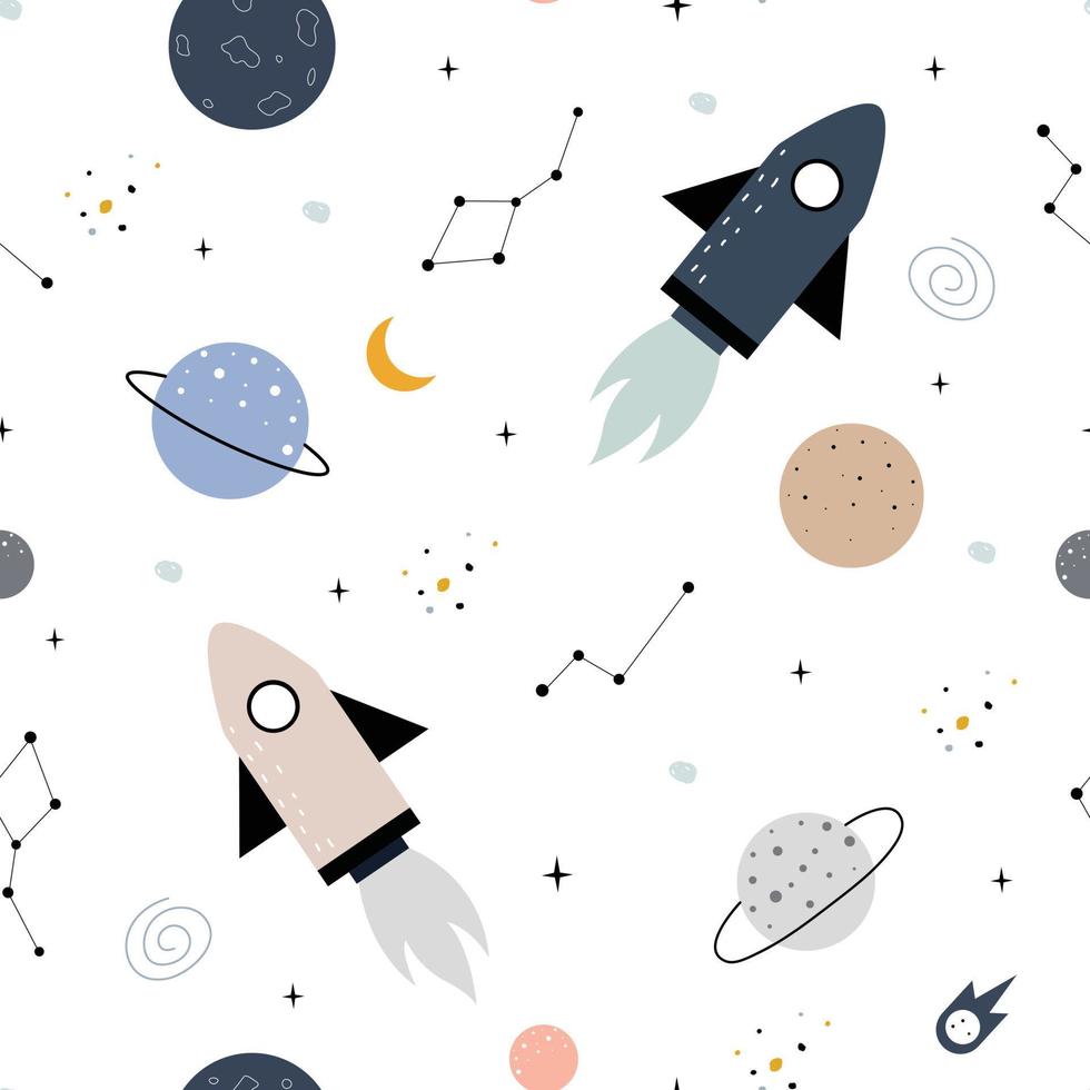 ilustración de fondo espacial con estrellas y cohetes patrón vectorial sin costuras dibujado a mano en estilo de dibujos animados para publicación, papel tapiz, tela, textil vector