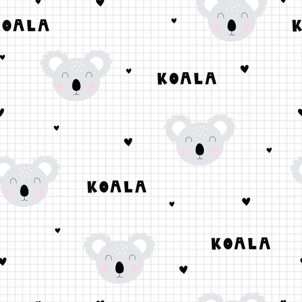 fondo de dibujos animados de animales koala de patrones sin fisuras y tiene una cuadrícula cuadrada como fondo de pantalla. uso para publicación, tela, textiles, ilustración vectorial. vector