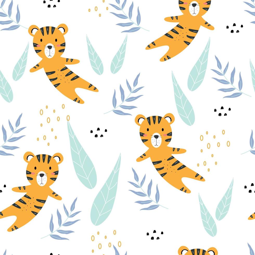 Cute cartoon animal background Seamless tiger pattern vector with leaves Hand drawn Use for publication, wallpaper, fabric, textile