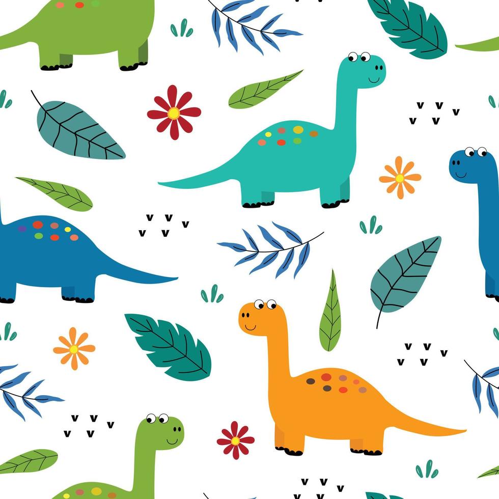 Dinosaur with leaves Seamless pattern cute cartoon animal background Hand drawn in child style Design used for publication, wallpaper, fabric, textiles Vector illustration