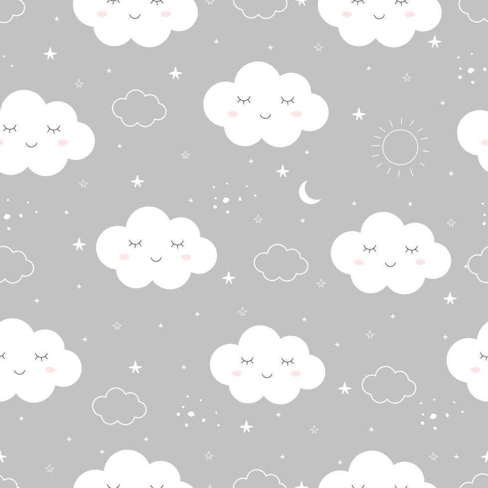 patrón sin fisuras del cielo con nubes blancas y diseño de estilo de dibujos animados lindo estrella utilizado para publicación, envoltorio de regalo, tela, textil, ilustración vectorial vector