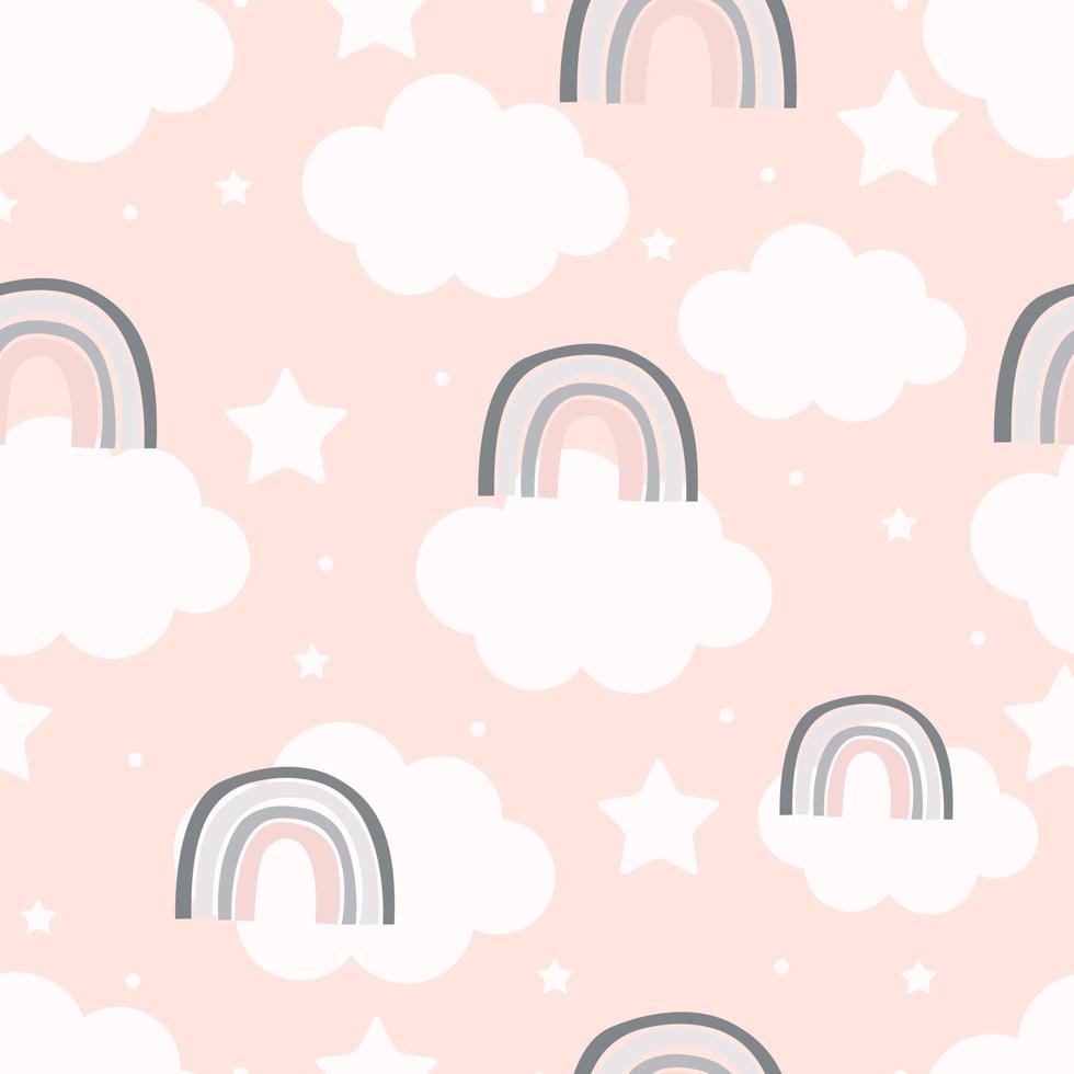 nubes de patrones sin fisuras y arco iris sobre fondo rosa vector