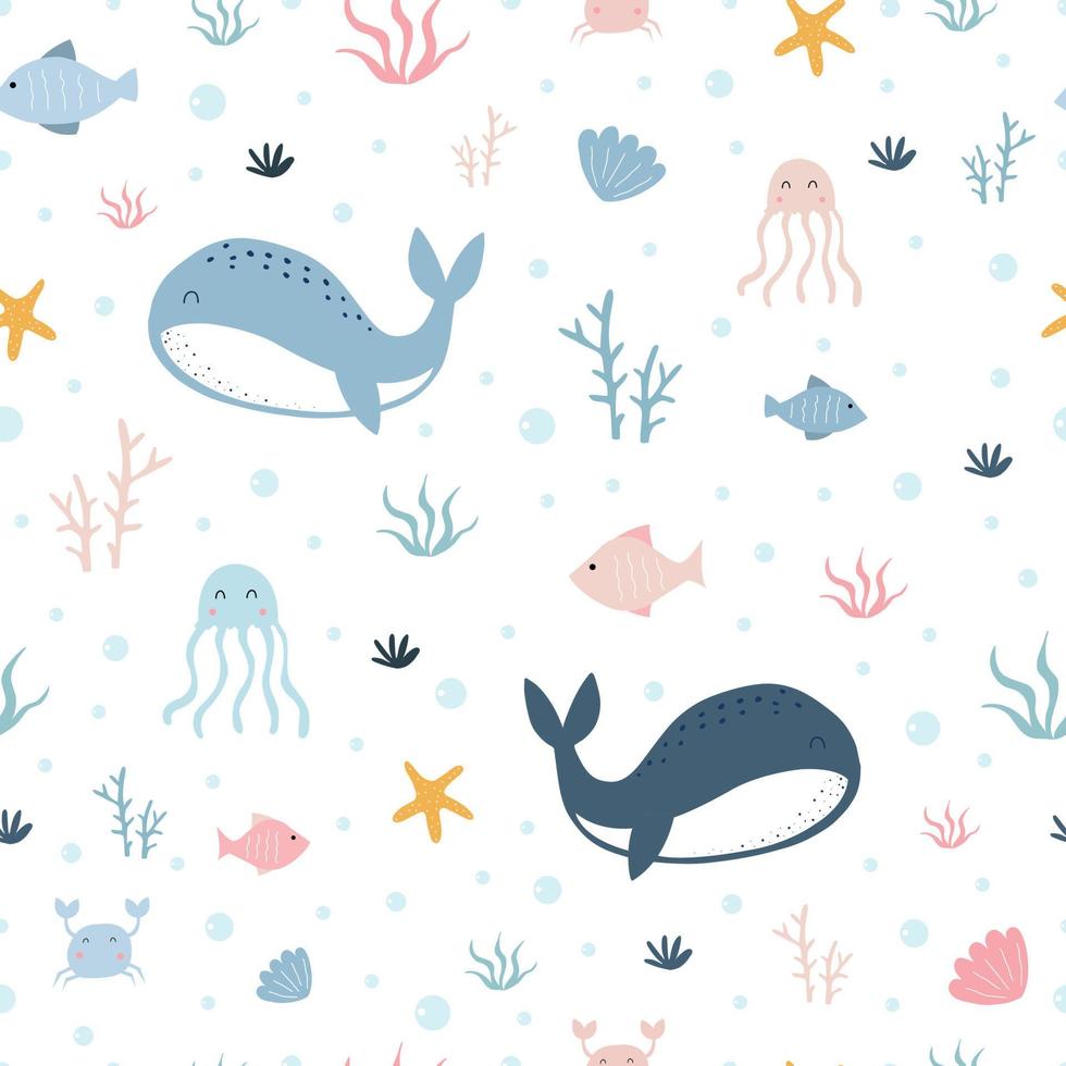 Seamless pattern The whale floats in the sea with squids and corals. Hand drawn cartoon animal background in children style Used for cloth, textile, fashion Vector illustration