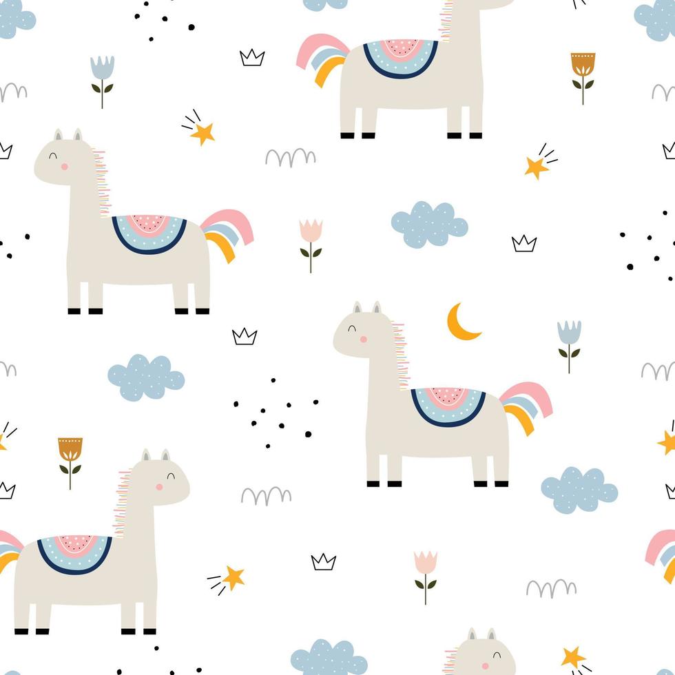 caballo de patrones sin fisuras fondo animal infantil dibujado a mano en diseños de estilo de dibujos animados utilizados para textiles, moda, patrones de ropa, fondos de pantalla. ilustración vectorial vector