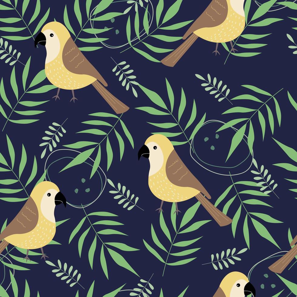 Seamless pattern with birds and leaves Hand drawn cartoon cute animal background Design for printing, wallpaper, fabric, textile, vector illustration