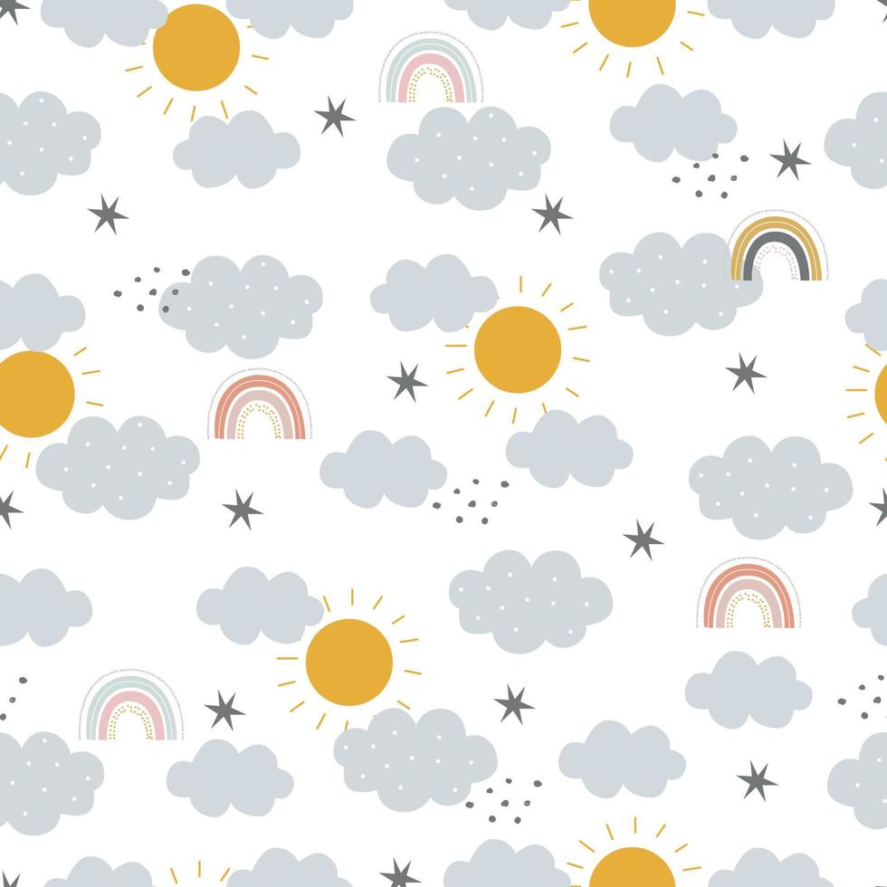 Seamless pattern The sky background with rainbow and clouds and sun Hand drawn design in cartoon style Used for publication, wallpaper, textile, vector illustration