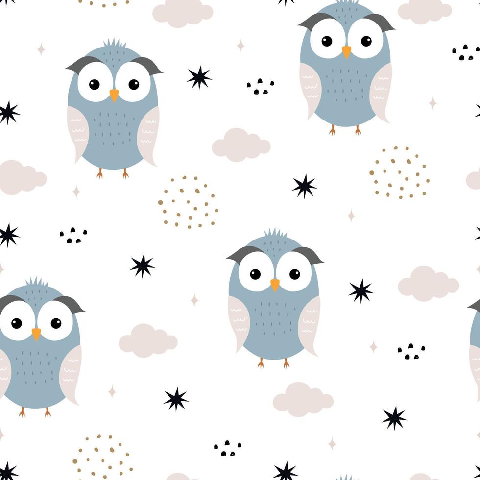 Seamless pattern Cartoon animal background Owl hand drawn design in childrens style For textiles, fashion, prints, wallpapers, vector illustrations.