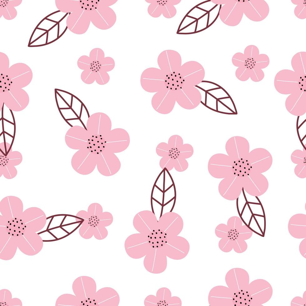 Seamless vector pattern hand drawn pink flower background in cartoon style Suitable for printings, wallpaper, fabric design, textiles.