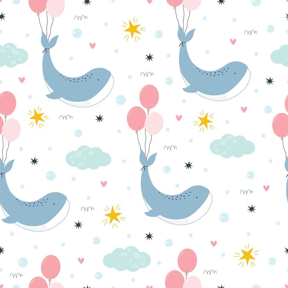 patrón impecable una ballena flota en el cielo con un globo atado a su cola. fondo animal de dibujos animados dibujados a mano en estilo infantil utilizado para tela, textil, ilustración vectorial de moda vector