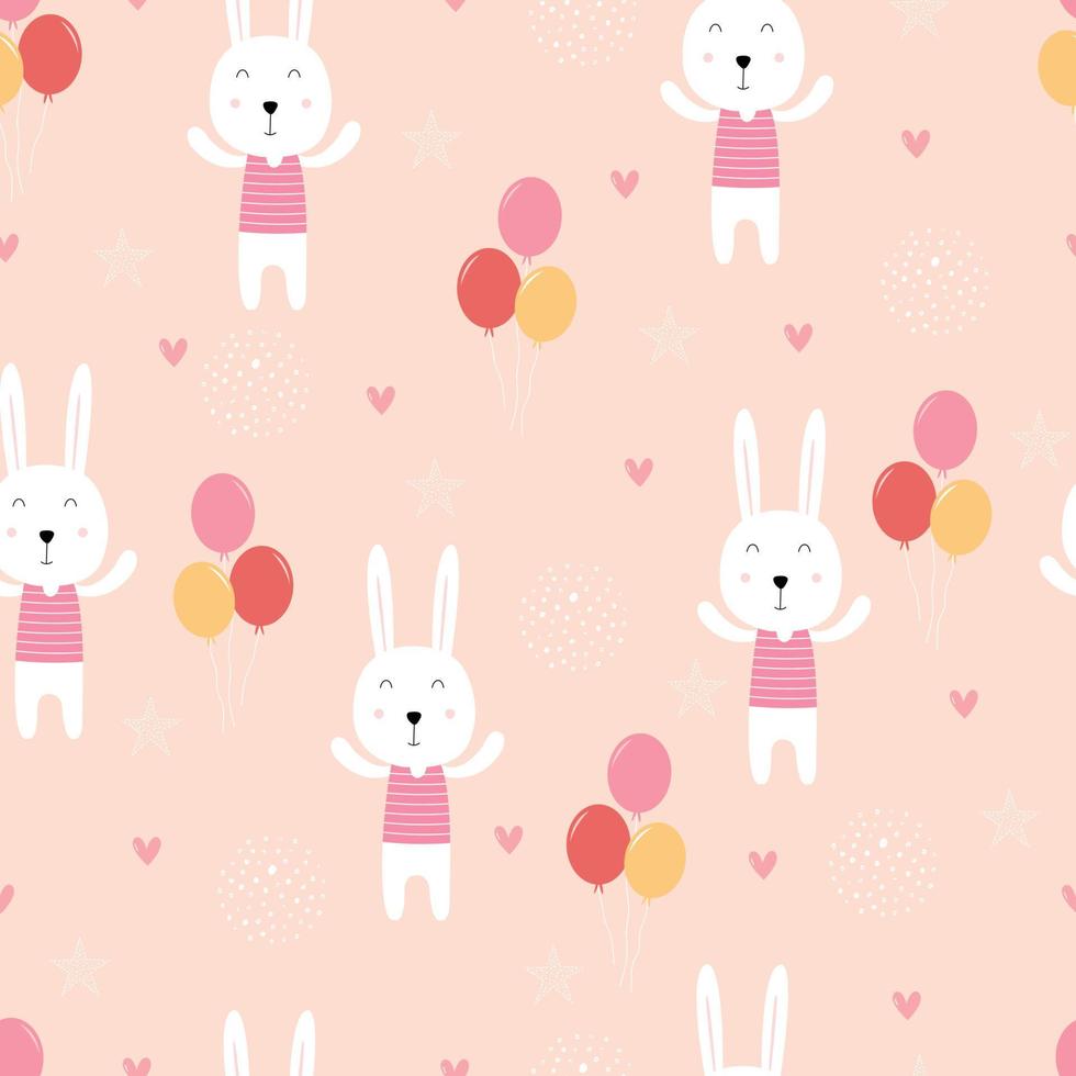 Seamless pattern Bunny with balloons Cute cartoon hand drawn background in childrens style For fabric, textile, wallpaper vector
