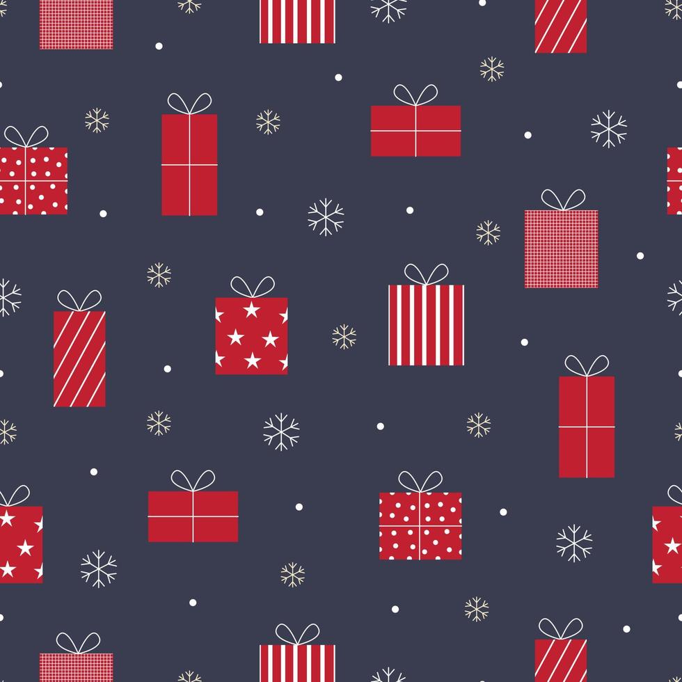 Vector pattern Seamless Christmas Background with Gift Box and Snowflakes Hand drawn design in cartoon style Used for print, illustration, wallpaper, cloth, fashion textile