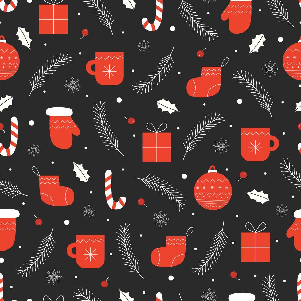 Vector pattern Seamless Christmas Background with Gloves, Socks, and Gifts Hand drawn design in cartoon style, use for print, wallpaper illustration, fabric, textile fashion.