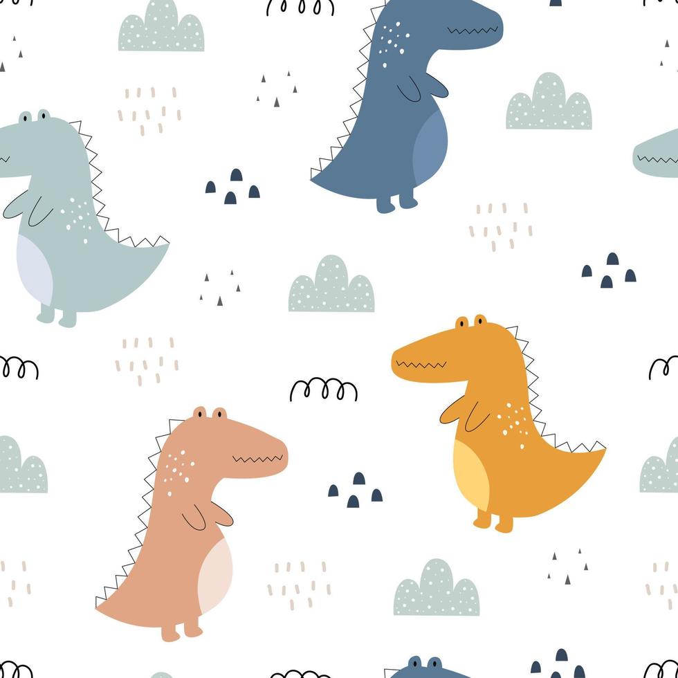 Seamless pattern Cartoon animal background There's a crocodile and a clump of grass. Hand drawn design in kid style, use for print, wallpaper, decoration, textile. Vector illustration