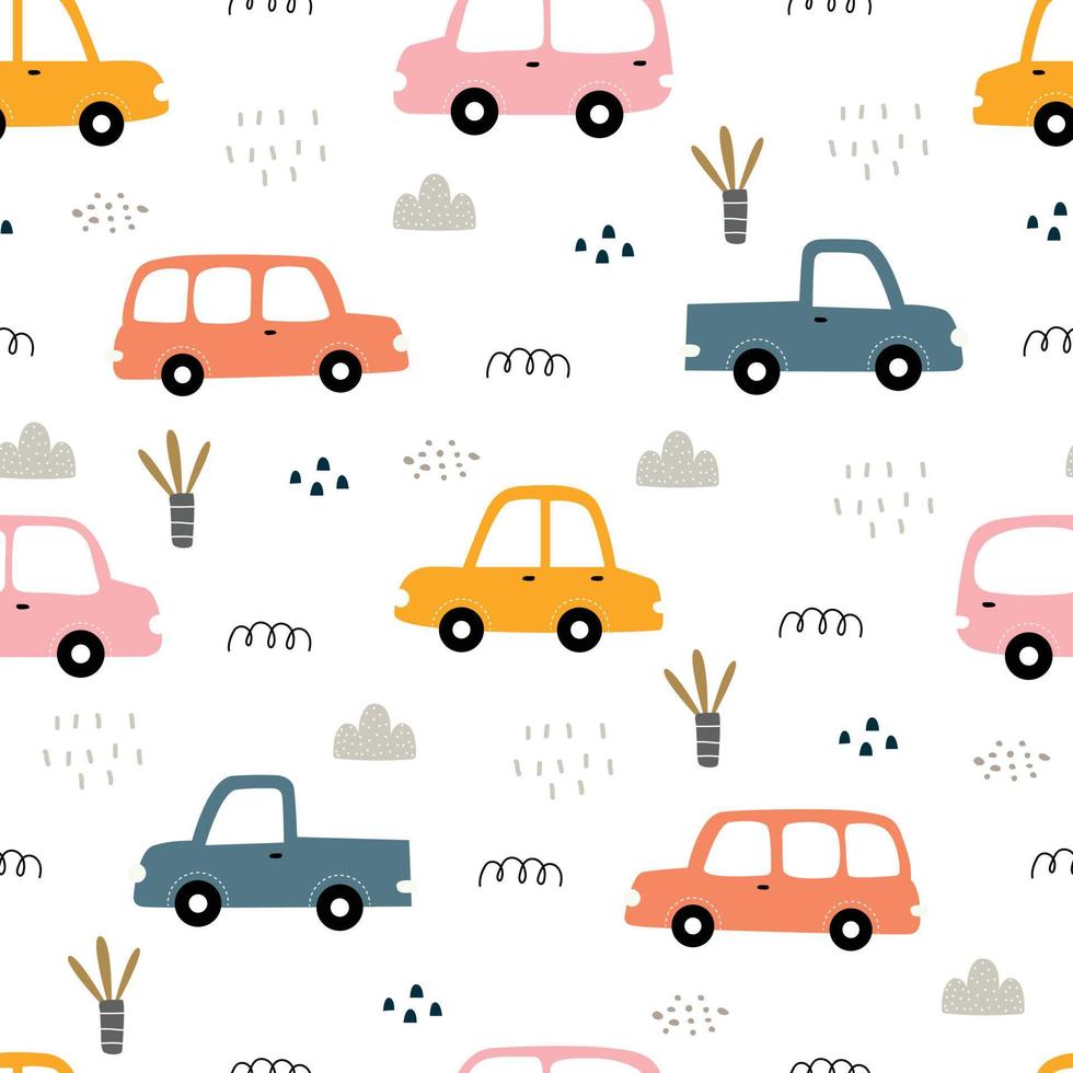 Vintage cars seamless pattern Winter background with a small Christmas tree and snow Hand is drawn design in cartoon style used for fabric, fashion textile, vector illustration