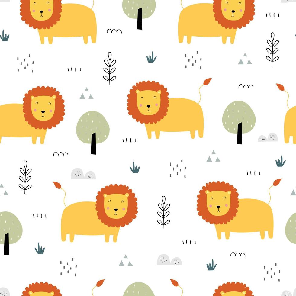 Seamless pattern Animal cartoon background with the lion on grassland Hand drawn design in childrens style used for pattern fabric, textile, wallpaper. Vector illustration