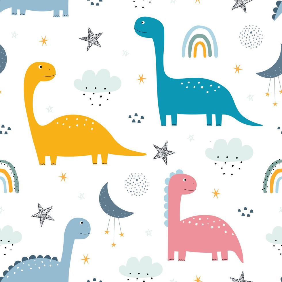 Dinosaur and rainbow in the sky Seamless pattern cute cartoon animal background hand drawn in kid style The design used for Print, wallpaper, fabric, textile Vector illustration