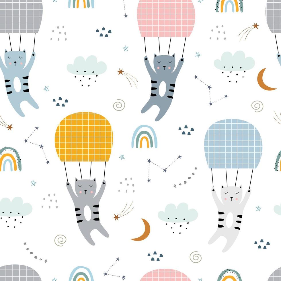 Vector pattern cute cartoon cats are airborne. Seamless background hand-drawn in the childish style used for print, wallpaper, fabric pattern, textile. Vector illustration