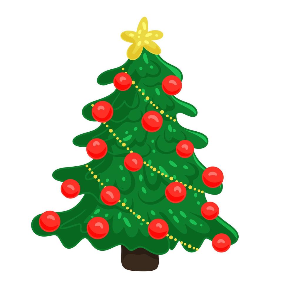 árbol de navidad dibujado a mano decorado con bolas de cristal y una guirnalda. aislado sobre fondo blanco. ilustración vectorial, estilo de dibujos animados vector