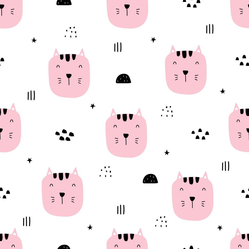 Seamless pattern pink cat face Cute cartoon animal background hand drawn in childrens style used for print, wallpaper, room decoration, fabric pattern, textile. Vector illustration