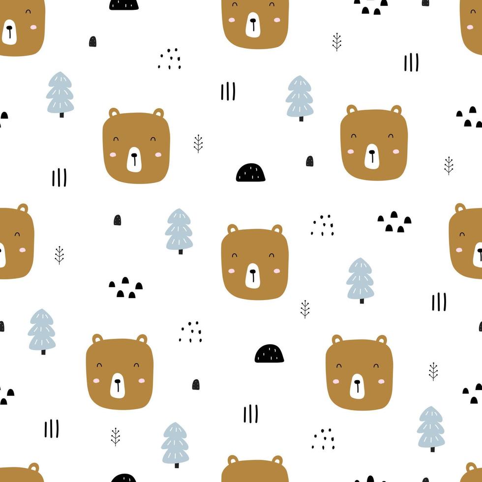 Seamless pattern the face of brown bear and tree Cartoon animal background hand drawn design in kid style used for print, wallpaper, decoration, textile, and clothing. Vector illustration