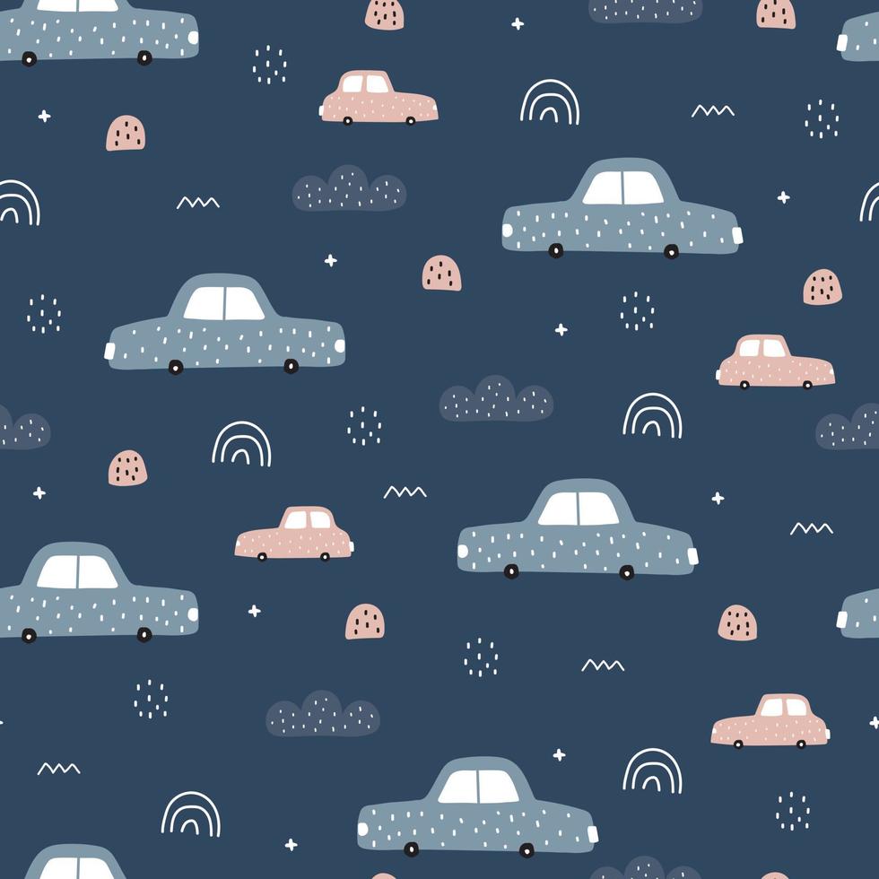 Seamless pattern Car background with polka dots and clouds Hand drawn design in cartoon style, use for prints, fabric designs, wallpaper, decoration. Vector illustration