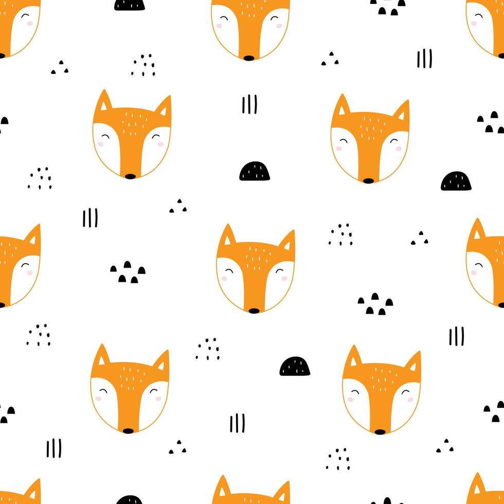 Fox face seamless pattern vector Hand drawn design in cartoon style used for print, wallpaper, decoration, textile, and kids clothing.