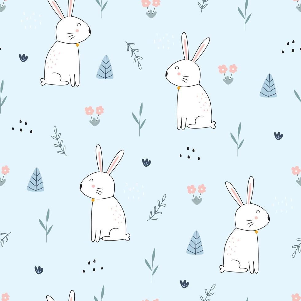 Seamless pattern cute cartoon animal background with a white rabbit with flower garden Hand drawn design in kid style, use for print, wallpaper, decoration, textile. Vector illustration