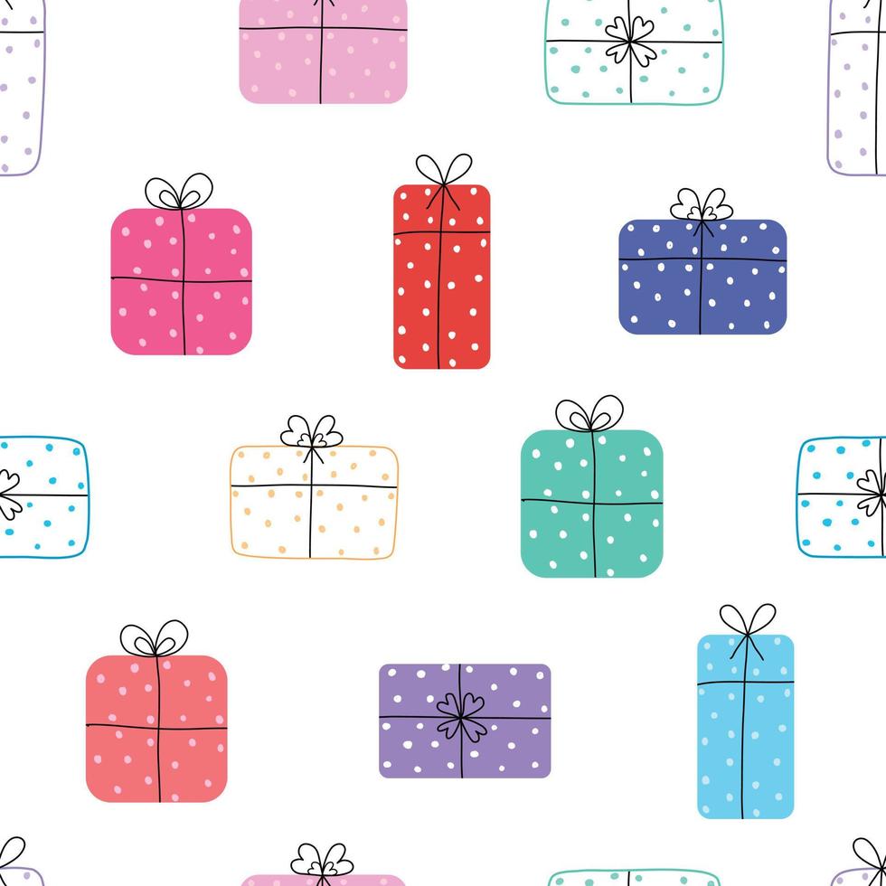 patrón de vector de fondo de navidad transparente con caja de regalo diseño dibujado a mano en estilo de dibujos animados utilizado para impresión, ilustración, papel pintado, tela, textil de moda