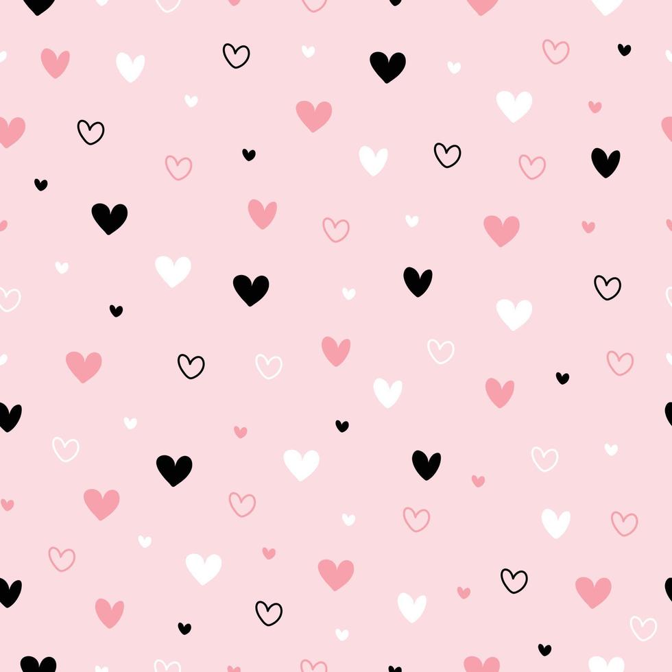 Seamless pattern Valentines day background with pink and black hearts Hand drawn design in cartoon style, use for print, wallpaper, decoration, fabric, textile. Vector illustration
