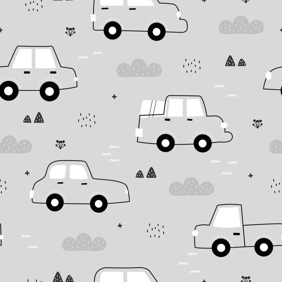 diseño de coche y cielo dibujado a mano en estilo de dibujos animados en el fondo gris utilizado para impresión, papel tapiz, decoración, ilustración de vector textil