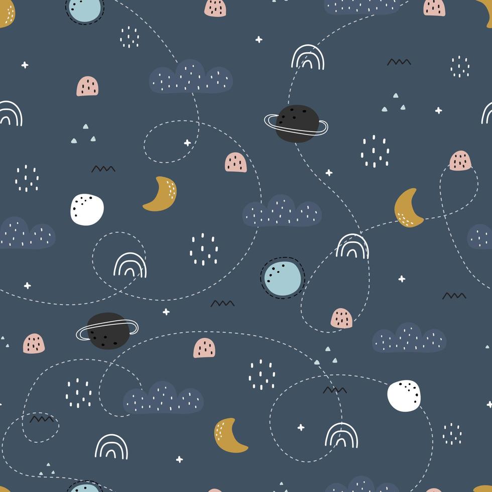 Space background illustration Clouds and stars seamless vector pattern hand drawn in cartoon style used for print, wallpaper, decoration, fabric, textile